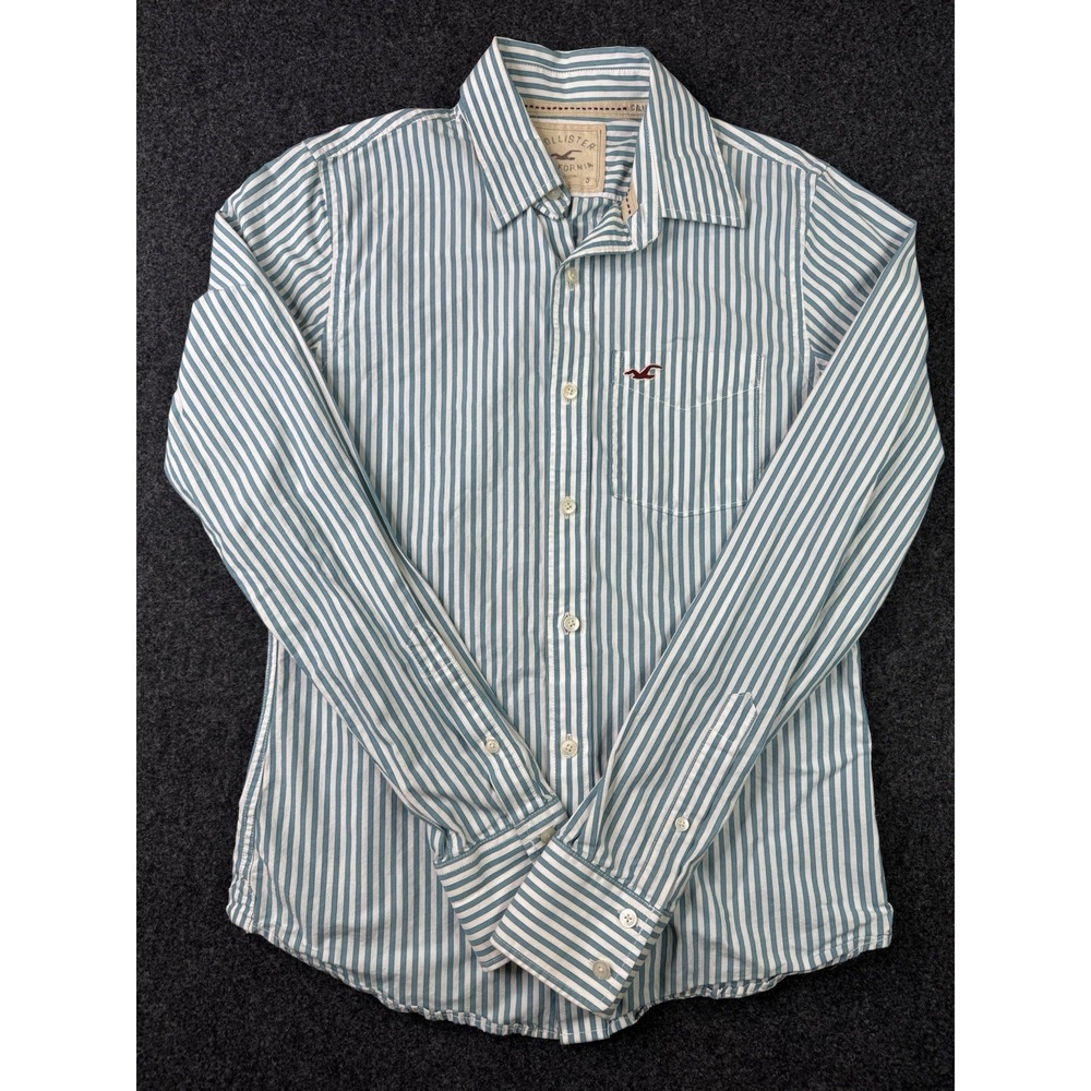 Hollister Mens S Y2K Striped Button Down Shirt Teal White Preppy Coastal